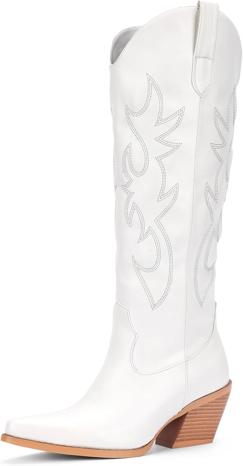 Pasuot Western Cowboy Boots for Women - Knee High Wide Calf Cowgirl Boots with Classic Embroidered, Slip On Pointed Toe Chunky Heel Fashion Retro Classic Pull On Tall Boot for Girls Ladies Fall Winter