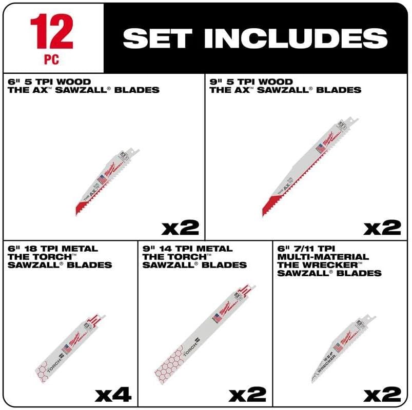 Milwaukee Electric Tool 49-22-1129 Sawzall Reciprocating Saw Blade Set, 12 Pc, White