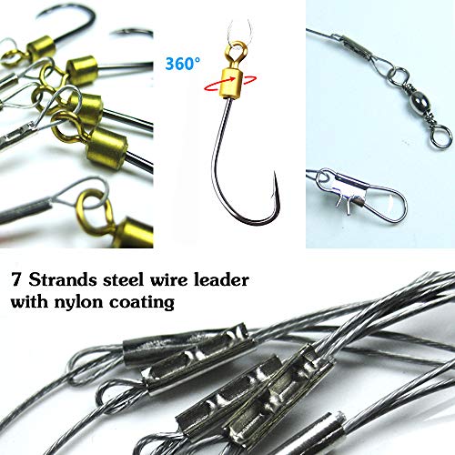 Fishing Hook with Leader,5 Hooks Fishing Rig-7 Strands Nylon Coated Fishing Leader with Swivle,Snap,Hooks