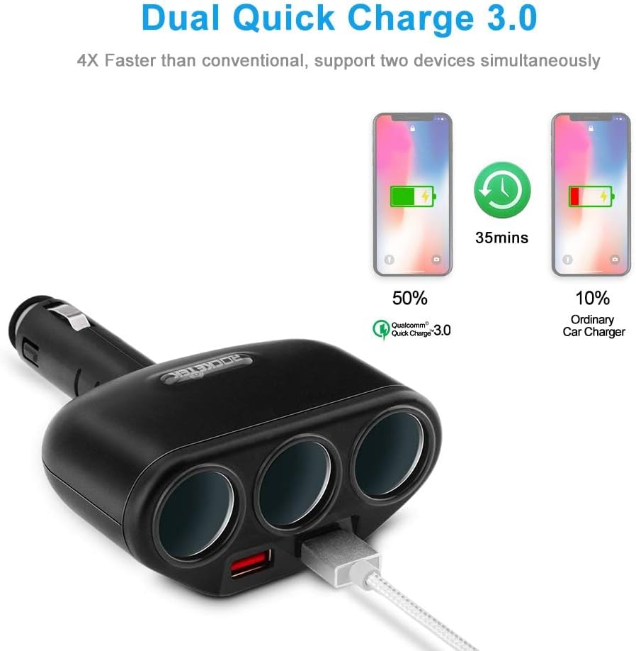 Car Charger Splitter Adapter 3-Socket 2-Port USB Quick Charge 3.0,120W 12V/24V DC Outlet Multi Socket Car Cigarette Lighter Splitter QC3.0 Dual Car Charger Power Outlet Splitter Extender