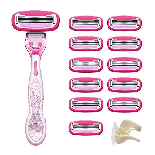 Amazon Basics Women's 5-Blade Razor for Smooth, Close Shave, FITS Amazon Basics Handle and Venus Handles, Ideal for Sensitive Skin, Includes 1 Handle, 12 Cartridges & 1 Shower Holder