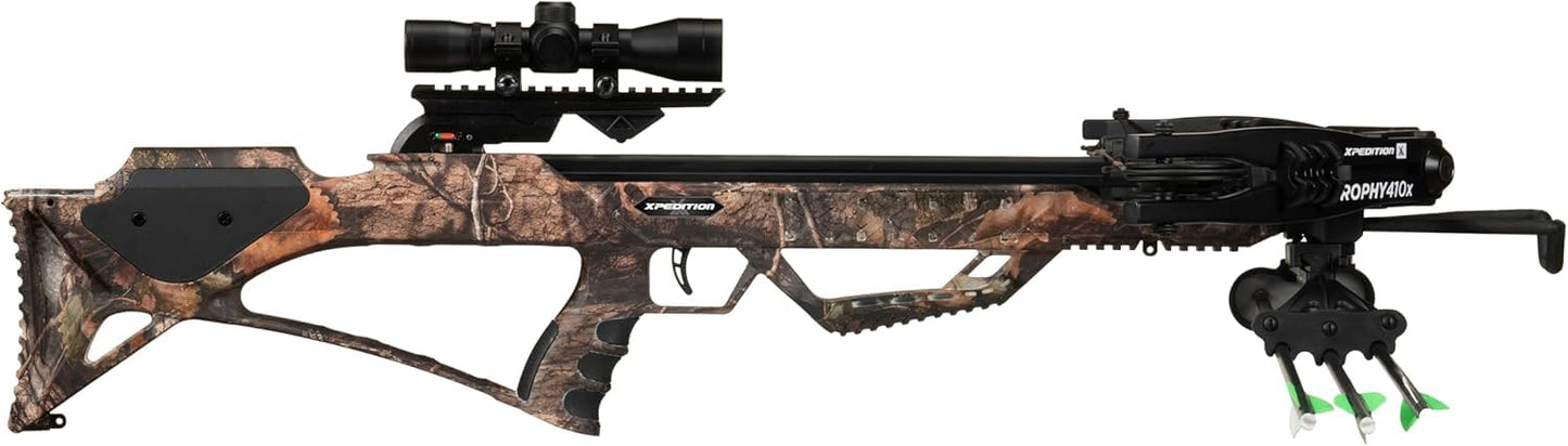 Xpedition Archery Trophy 410X Crossbow with Crank Cocking Device, Compound Crossbow Package, Illuminated 4X32 Scope, 6 20" Bolts, 410 Feet Per Second