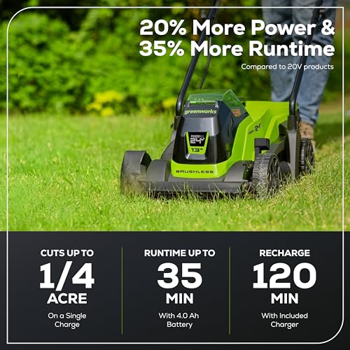 Greenworks 24V 13“ Brushless Cordless Lawn Mower with 4.0Ah Battery & Charger,Maintenance-Free Push Mower with 2-in-1 Mulch/Bag