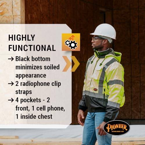 Pioneer Hi Vis Safety Bomber for Men - Waterproof, Reflective ANSI Class 3 Winter Rain Jacket with Detachable Hood