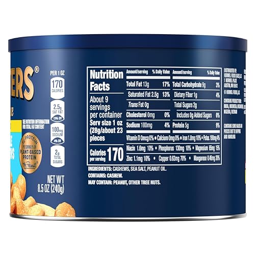 PLANTERS Deluxe Lightly Salted Cashews, Party Snacks, Plant-Based Protein, Quick Snack for Adults, After School Snack, Flavored with Sea Salt, Kosher, 1lb 2.25oz