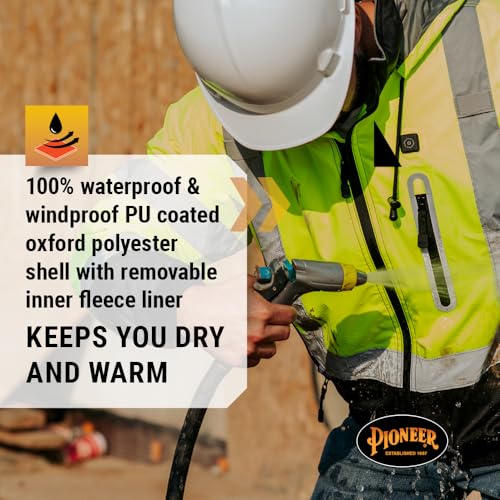 Pioneer Hi Vis Safety Bomber for Men - Waterproof, Reflective ANSI Class 3 Winter Rain Jacket with Detachable Hood