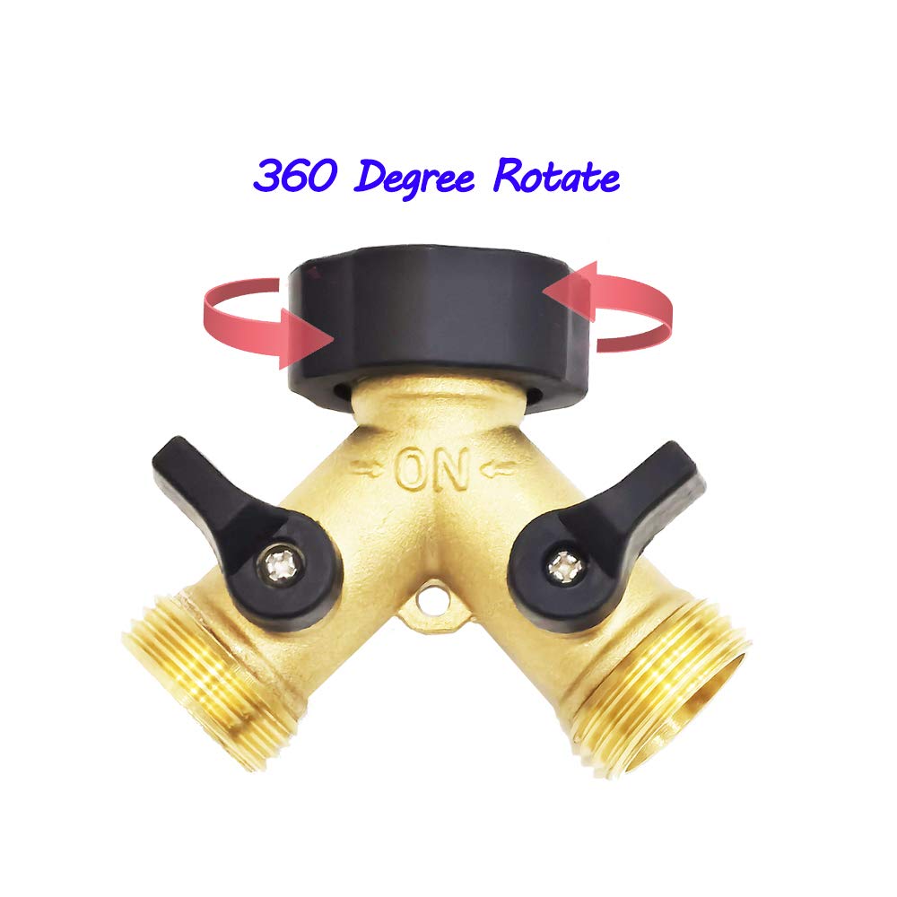 HQMPC Garden Hose Y Valve Hose Splitter Brass Hose Splitter With Stainless Steel Long Handle Brass Y Valve Water Garden Hose Adapter 2 Way Y Valve 3/4" GHT Thread