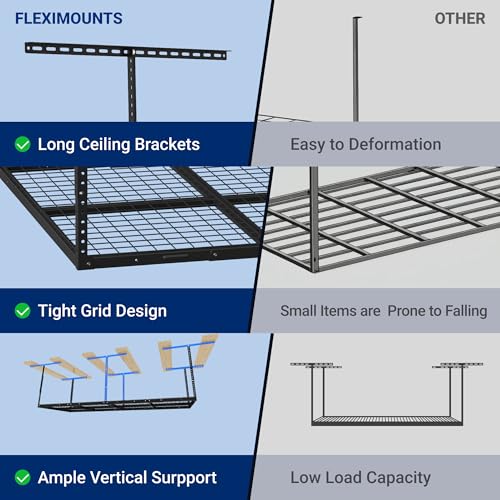 FLEXIMOUNTS 4x8 Overhead Garage Storage Rack, Adjustable Garage Storage Organization Systerm, Heavy Duty Metal Garage Ceiling Storage Racks, 600lbs Weight Capacity, Black