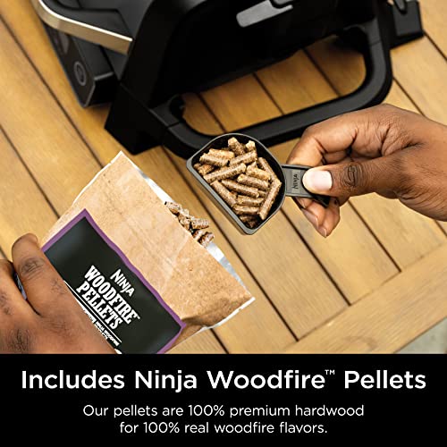 Ninja | Woodfire Series | 7-in-1 (Grill, BBQ, Roast, Air Fry, Dehydrate, Broil, Smoke) | Portable & Weather Resistant | Cook Up To 6 Steaks & 30 Hot Dogs | Woodfire Pellets included | OG701