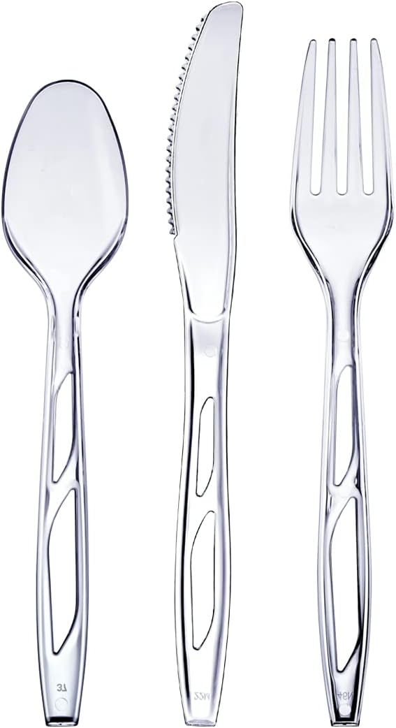 GUSTO [192 Combo Pack] Premium Heavyweight Disposable Clear Plastic Silverware - 64 Forks, 64 Spoons, 64 Knives, plastic utensils, Cutlery Set for Parties, Events, and Catering
