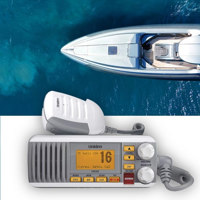 Uniden UM385BK 25 Watt Fixed Mount Marine VHF Radio, Waterproof, Noaa Weather Alert, All USA/Intl/Canadian Marine Channels