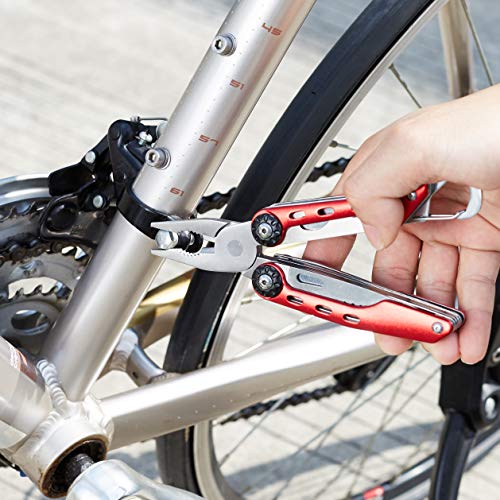 Amazon Basics 10-in-1 Stainless Steel Multitool for Hiking and Survival Gear with Needlenose Pliers, Wire Cutter, Saw, Safety Lock, Nylon Sheath, Red