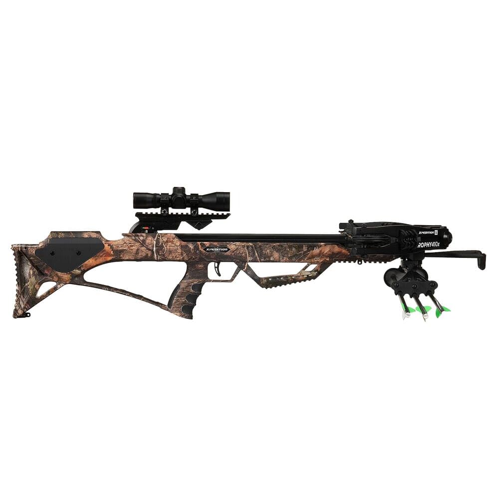 Xpedition Archery Trophy 410X Crossbow with Crank Cocking Device, Compound Crossbow Package, Illuminated 4X32 Scope, 6 20" Bolts, 410 Feet Per Second