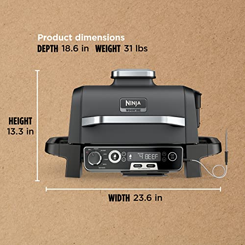 Ninja | Woodfire Series | 7-in-1 (Grill, BBQ, Roast, Air Fry, Dehydrate, Broil, Smoke) | Portable & Weather Resistant | Cook Up To 6 Steaks & 30 Hot Dogs | Woodfire Pellets included | OG701