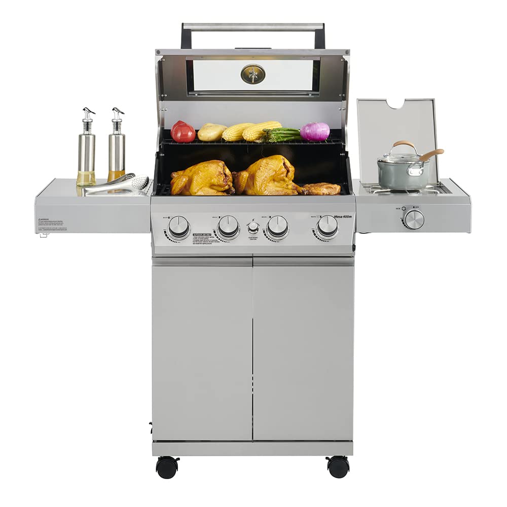 Monument Grills Larger 4-Burner Propane Gas Grills bbq Stainless Steel Heavy-Duty Cabinet Style with Knob Controls Side Burner, Outdoor Use, Mesa 400m