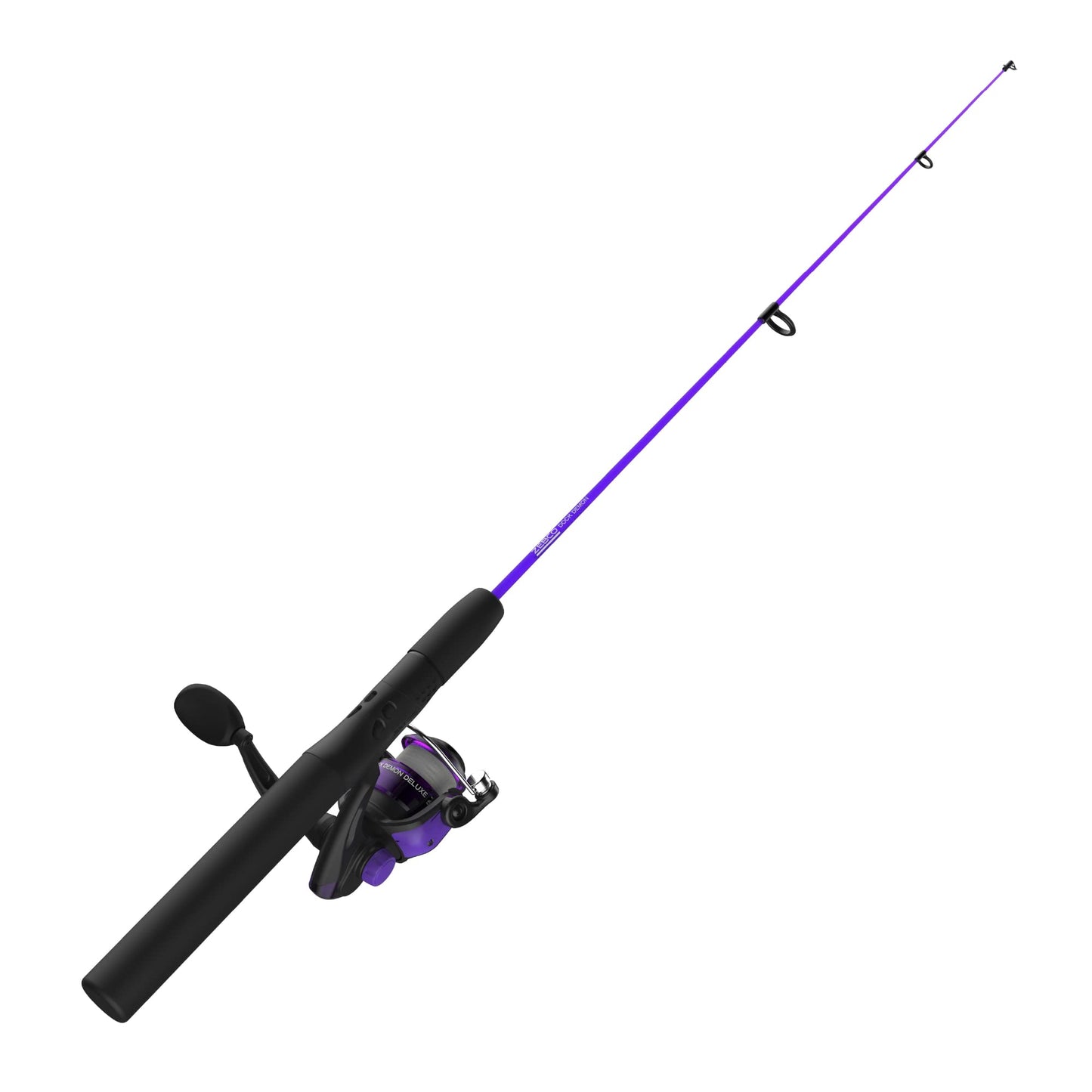 Zebco Dock Demon Spinning Reel and Fishing Rod Combo, 30-inch 1-Piece Fiberglass Fishing Pole, EVA Rod Handle, Size 10 Reel, Powertrain Drag, Pre-Spooled with 6-Pound Zebco Line, Purple