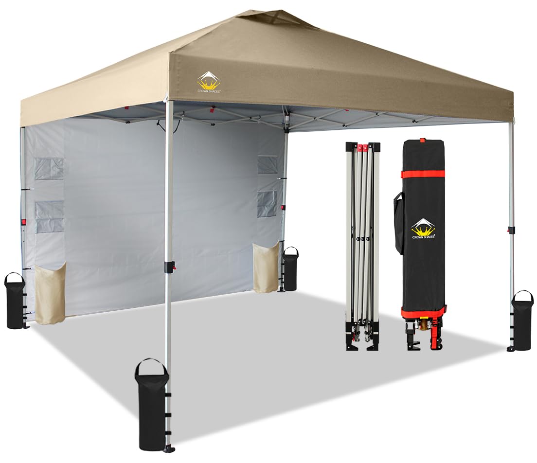 CROWN SHADES Canopy Tent 10x10 Pop Up Canopy Outdoor Shade with Pockets Sidewall, Easy Up Sun Shelter with One Person Set Up Center Lock, Portable Instant Camping Beach Canopy Tents, Forest Green