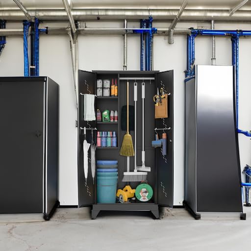 YILFANA 75" Metal Storage Cabinet with Lockable Doors, Functional Garage Storage Cabinets, Heavy-Duty Tool Organization Cabinet with Hanging Rod & S-Hooks (75" Utility Closet)
