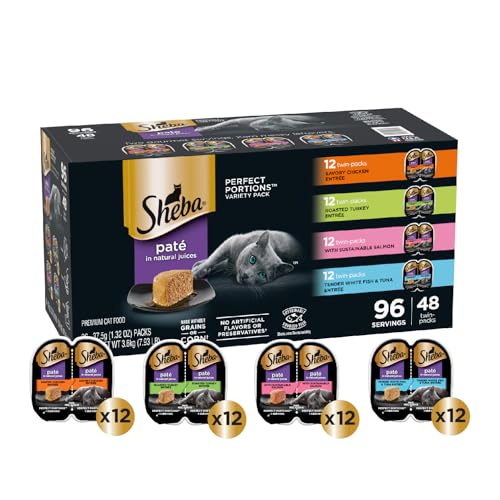 Sheba Perfect Portions Wet Cat Food Pate with Sustainable Salmon, Signature Seafood Entree, and Tender Whitefish and Tuna Entree Variety Pack, 2.6 oz. Twin Pack Trays (24 Count, 48 Servings)