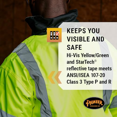 Pioneer Hi Vis Safety Bomber for Men - Waterproof, Reflective ANSI Class 3 Winter Rain Jacket with Detachable Hood