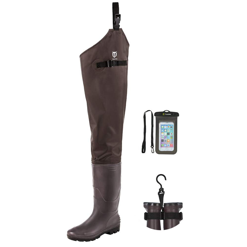 TIDEWE Lightweight Hip Boot for Men and Women, 2-Ply PVC/Nylon Fishing Wader (Green and Brown)