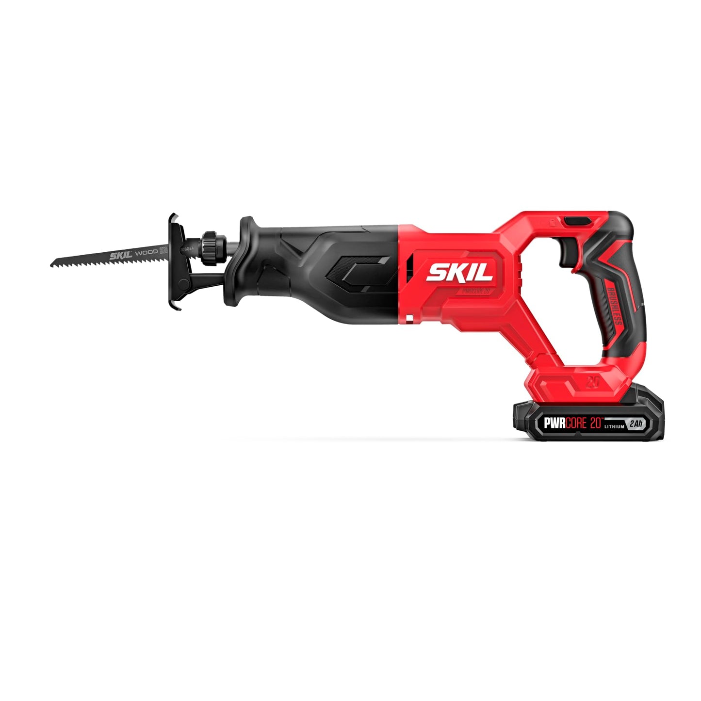 SKIL 20V 4-Tool Combo Kit: 20V Cordless Drill Driver Reciprocating Saw, Circular Saw and Spotlight, Includes Two 2.0Ah PWR CORE Lithium Batteries and One Charger - CB739701,Black, Red