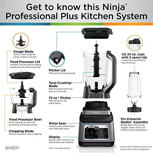 Ninja BN701 Professional Plus Blender, 1400 Peak Watts, 3 Functions for Smoothies, Frozen Drinks & Ice Cream with Auto IQ, 72-oz.* Total Crushing Pitcher & Lid, Dark Grey