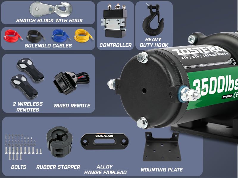 3500lbs ATV/UTV Winch with Synthetic Rope, Electric Boat Trailer Winch 12V, Waterproof Winch with 2 Wireless Remotes &Wired Switch,with Mounting Plate,Pulley,Rope Damper,Aluminium Fairlead