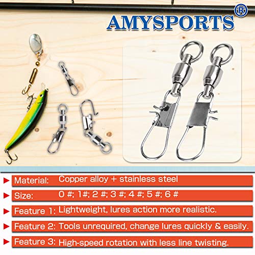 AMYSPORTS Fishing Swivels with Interlock Snap Ball Bearing Swivels Fishing Snap Swivels Saltwater Freshwater Fishing Tackle Leader Lure Jigs Line Fishing Connector