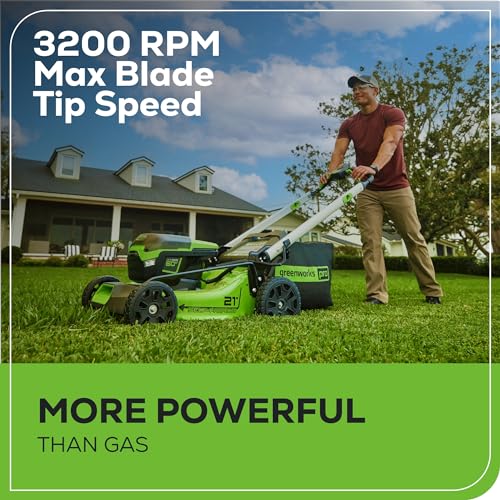 Greenworks 60V 21” Cordless (Push) Lawn Mower (LED Lights + Aluminum Handles), 5.0Ah Battery and Rapid Charger