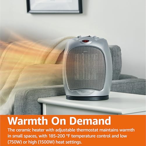 Amazon Basics Oscillating Ceramic Portable Indoor Space Heater, Fast Heating Technology, Overheat and Tip-Over Protection, Adjustable Thermostat, 1500W, 7.52"D x 6.34"W x 9.45"H, Silver