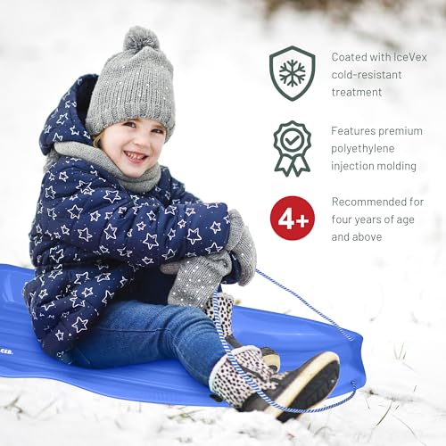 Slippery Racer Downhill Xtreme Flexible Adults and Kids Plastic Toboggan Snow Sled for Up to 2 Riders with Pull Rope and Handles, Blue