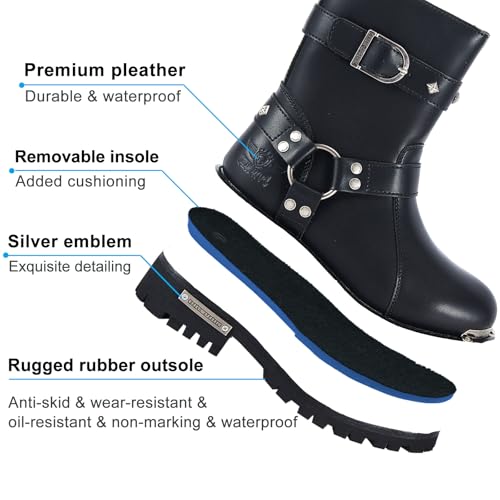 Dream Apparel Women PU Leather Harness Motorcycle Boots for Riding Waterproof Studded Biker Boots with Side Zipper & Buckle, Black Engineer Combat Mid-Calf Footwear