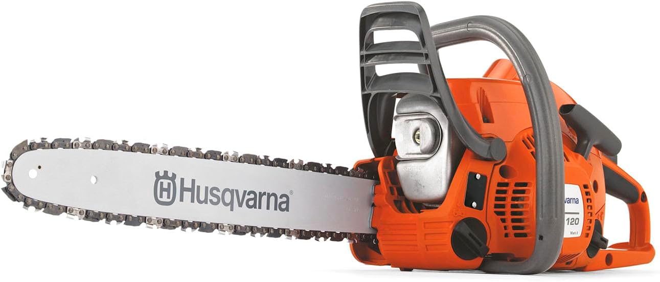 Husqvarna 120 Mark III Gas Chainsaw, 38-cc, 2-Cycle X-Torq Engine, 16 Inch Chainsaw with Automatic Oiler, For Wood Cutting and Tree Pruning, 970739616