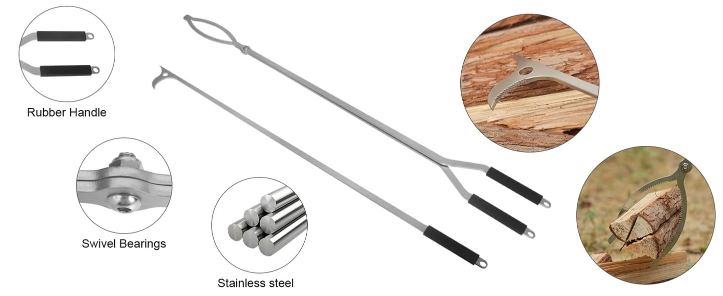 40" Fire Tongs Fire Pit Tongs Set, Stainless Steel Fireplace Tongs Log Grabber Suitable for Outdoor Fireset Fire Pit Bonfire Camp Fire Backyard Deck Indoor Fireplace Tools