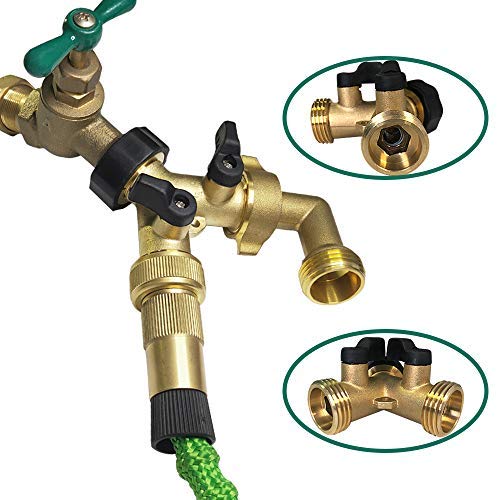 HQMPC Garden Hose Y Valve Hose Splitter Brass Hose Splitter With Stainless Steel Long Handle Brass Y Valve Water Garden Hose Adapter 2 Way Y Valve 3/4" GHT Thread