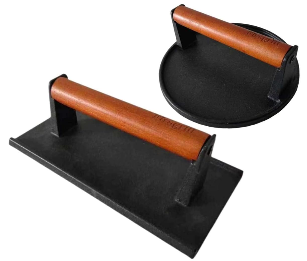 Burger Press 7.08" Round & 8.3”X4.3”Rectangle Heavy-Duty Cast Iron Smash Meat Steak With Wood Handle for Blackstone Camp chef Pitboss Weber Treager Griddle Grills (Round & Rectangle)