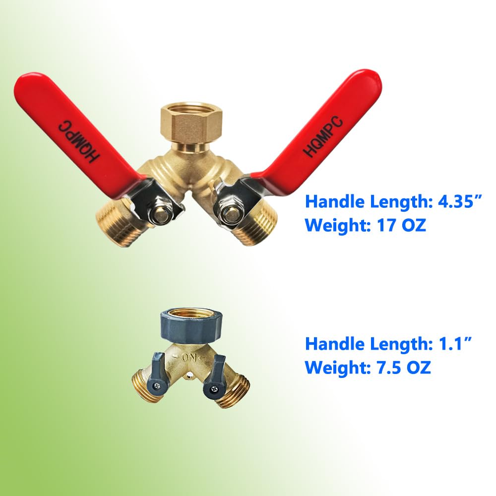 HQMPC Garden Hose Y Valve Hose Splitter Brass Hose Splitter With Stainless Steel Long Handle Brass Y Valve Water Garden Hose Adapter 2 Way Y Valve 3/4" GHT Thread