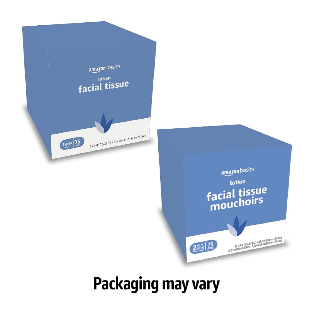 Amazon Basics Facial Tissues with Lotion, 2-Ply, 300 Count (4 Boxes, 75 Tissues per Box), Packaging May Vary