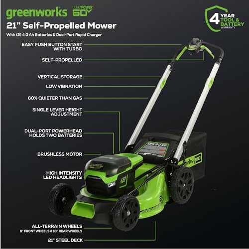 Greenworks 60V 21” Cordless (Push) Lawn Mower (LED Lights + Aluminum Handles), 5.0Ah Battery and Rapid Charger