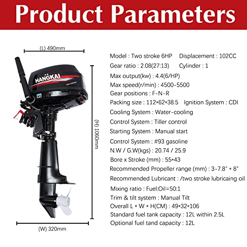 4 Stroke Outboard Motor, 123CC 6.5HP Boat Motor Boat Engine Motor, Heavy Duty Outboard Boat Motor Inflatable Marine Fishing Boat Yacht Engine (Fuel tank and Hoses Not Included)