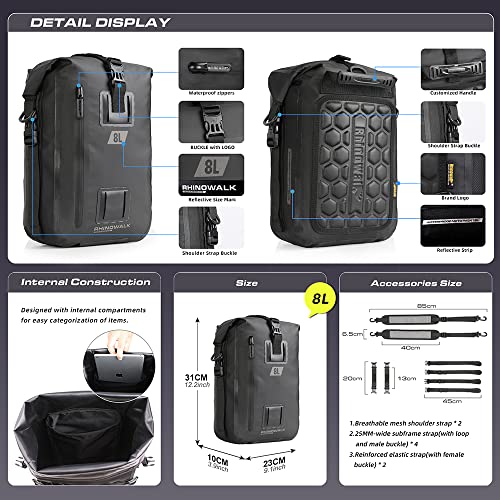 Rhinowalk Motorcycle Tail Bag Motorbike Side Bag 8L Full Waterproof Motor Saddle Pannier Bag Rear Rack Trunk Professional Motor Accessories-Black