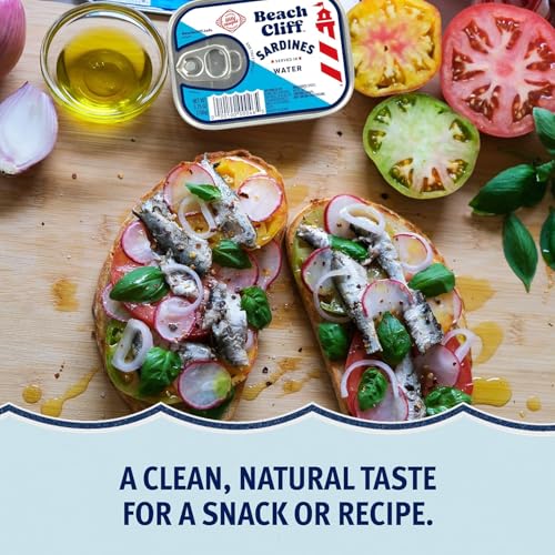 Beach Cliff Sardines in Water, 3.75 oz Can (Pack of 12) - Wild Caught Sardines - 12g Protein per Serving - Gluten Free, Keto Friendly