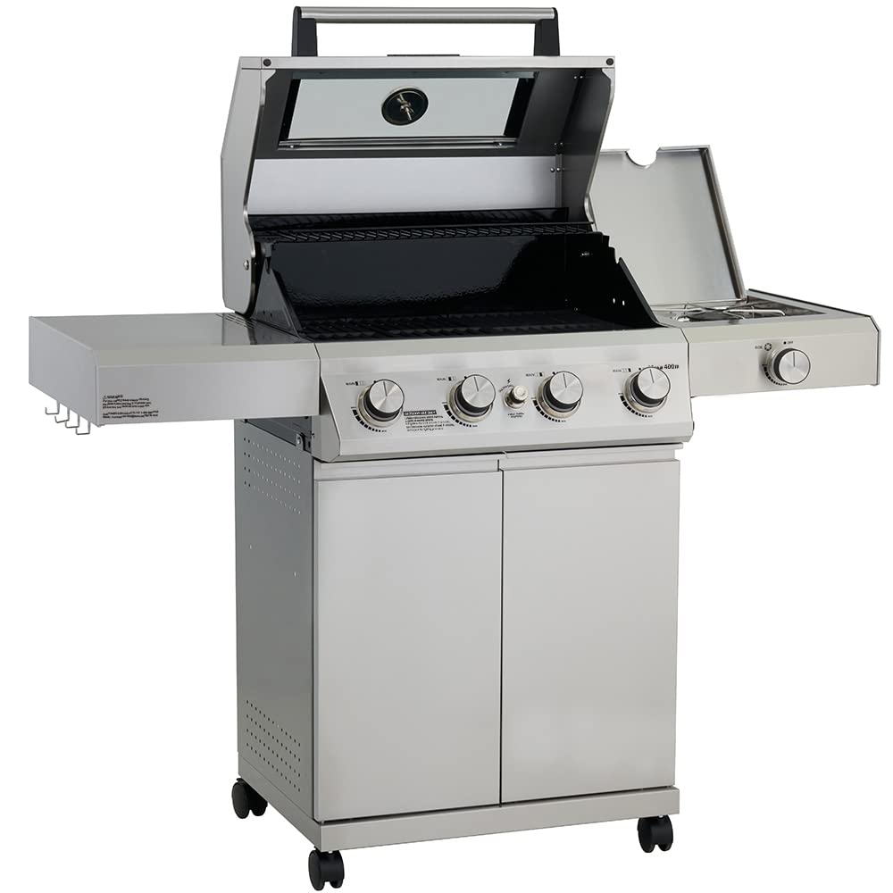 Monument Grills Larger 4-Burner Propane Gas Grills bbq Stainless Steel Heavy-Duty Cabinet Style with Knob Controls Side Burner, Outdoor Use, Mesa 400m