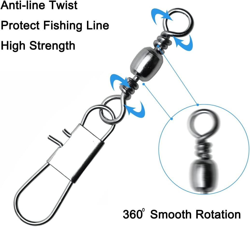 50/250pcs Fishing Barrel Swivels with Safety Snaps Swivel Stainless Steel High Strength Interlock Snap Swivels Rolling Connector Black Nickel Solid Ring Freshwater Fishing Tackles Accessories