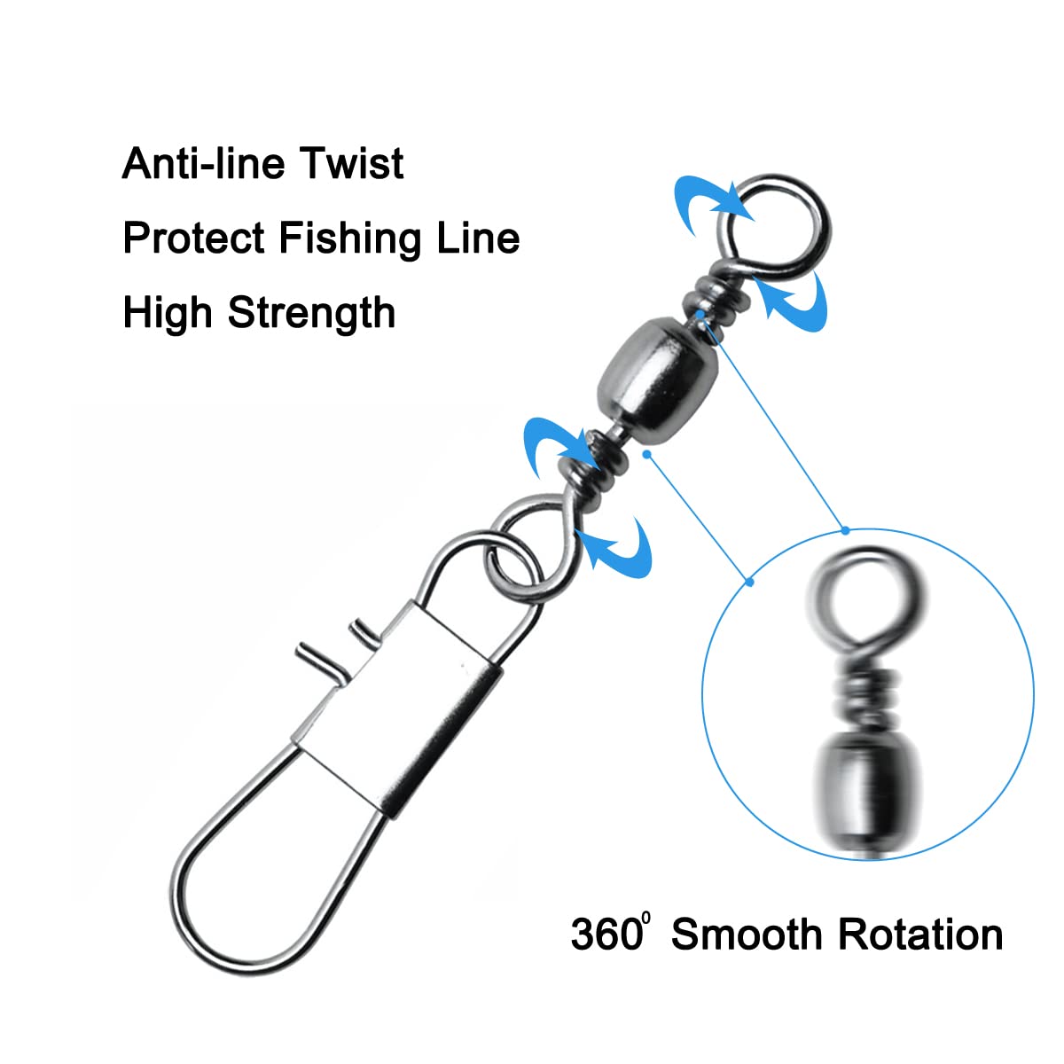 50/250pcs Fishing Barrel Swivels with Safety Snaps Swivel Stainless Steel High Strength Interlock Snap Swivels Rolling Connector Black Nickel Solid Ring Freshwater Fishing Tackles Accessories
