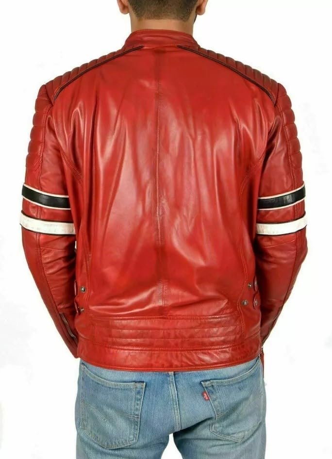 Men's Genuine Red Lambskin Real Leather Slim Fit Biker Motorcycle Jacket