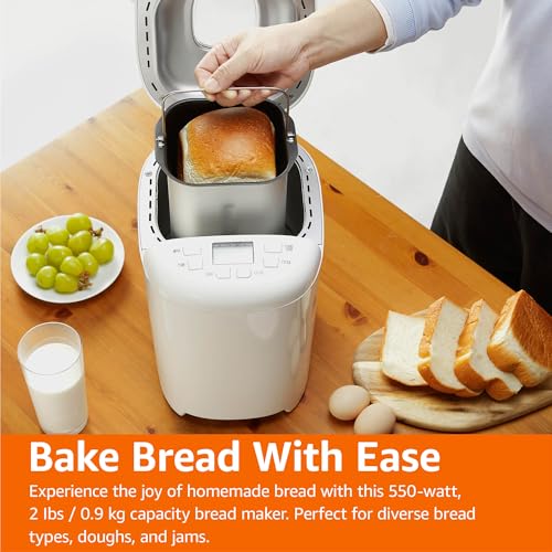 Amazon Basics Programmable Bread Maker, 2 Pound Non-Stick Automatic Bread Making Machine, 14 Settings for Breads, Doughs, Gluten-Free Options, ExpressBake, 3 Crust Colors, LCD Display, White
