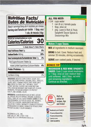 Lawry's Extra Rich & Thick Spaghetti Sauce Spices & Seasonings Mix, 1.42 oz (Pack of 12)
