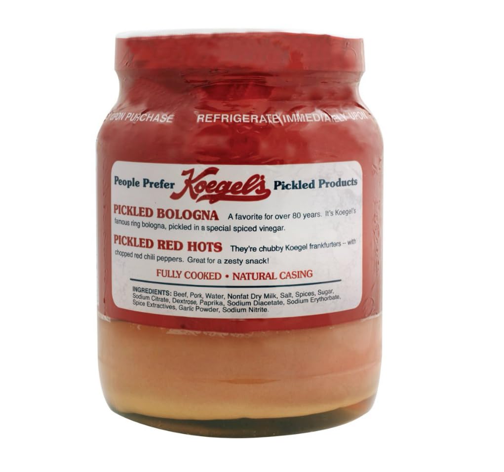 Koegels pickled bologna packed in spiced vinegar, 40-oz plastic jar, refrigerate after opening